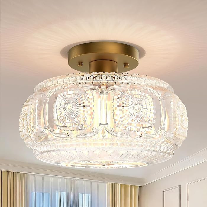 Semi Flush Mount Ceiling Light, Upgraded Larger Gold Glass Ceiling Light Fixture, Vintage Lightin... | Amazon (US)