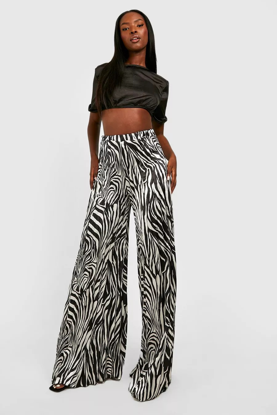Zebra Pleated Satin Wide Leg Pants | Boohoo.com (US & CA)