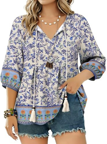 GUNEST Boho Tops for Women V Neck 3/4 Sleeve Pleated Flower Blouses Plus Size Casual Flowy Tunic Boho Blue Floral L | Amazon (US)