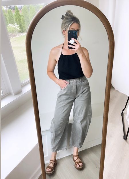 Love this airy halter top for summer! Such a great price too! 🚨 Wearing a size small. Bottoms: archive gray #tjmaxx #zara #summeroutfit #freepeople