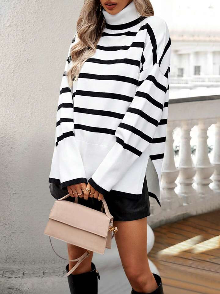 Striped Pattern Turtleneck Drop Shoulder Split Hem Sweater | SHEIN