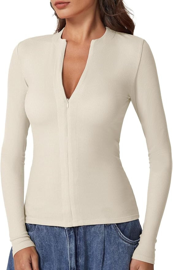 QINSEN Long Sleeve Shirts for Women Crewneck Half Zipper Ribbed Knit Going Out Tops Full Length B... | Amazon (US)