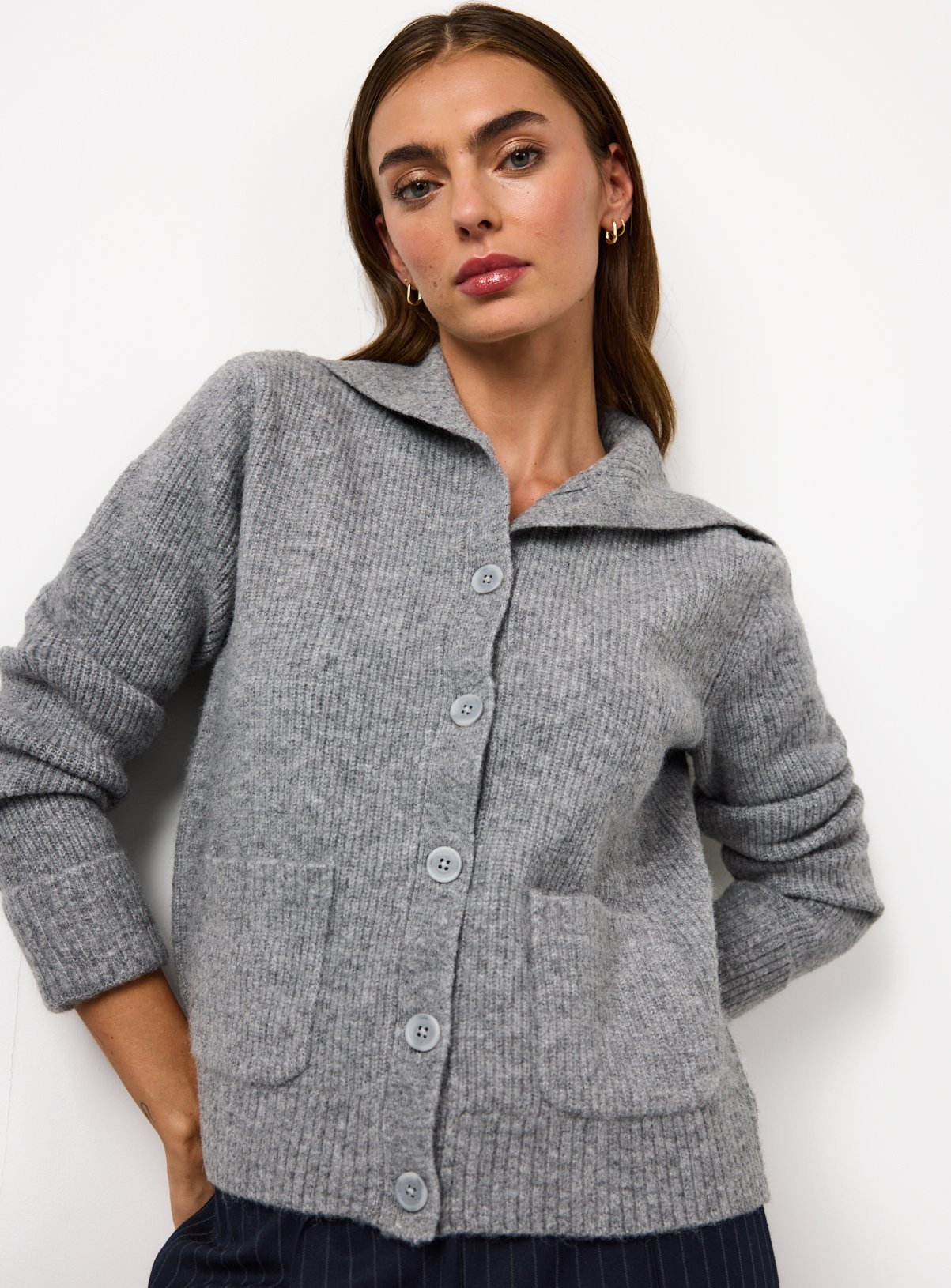 Grey Ribbed Collared Fisherman Cardigan | Tu Clothing