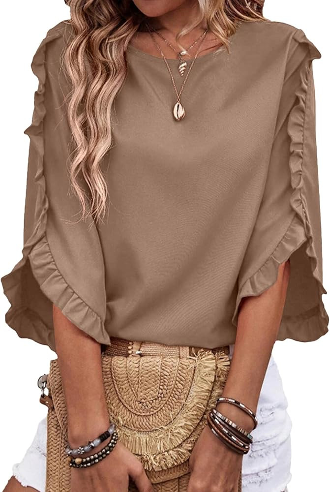 EVALESS 3/4 Length Sleeve Womens Tops Dressy Casual Blouses Crewneck Ruffle Sleeve Shirts Spring ... | Amazon (US)