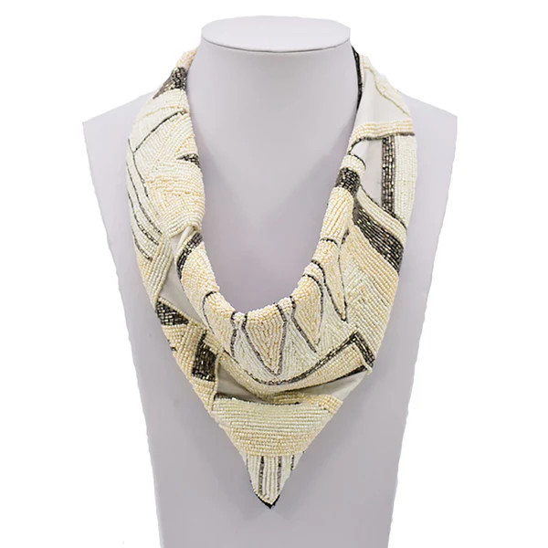 Hand Beaded Bandana Scarf - Cream | Christina Greene 