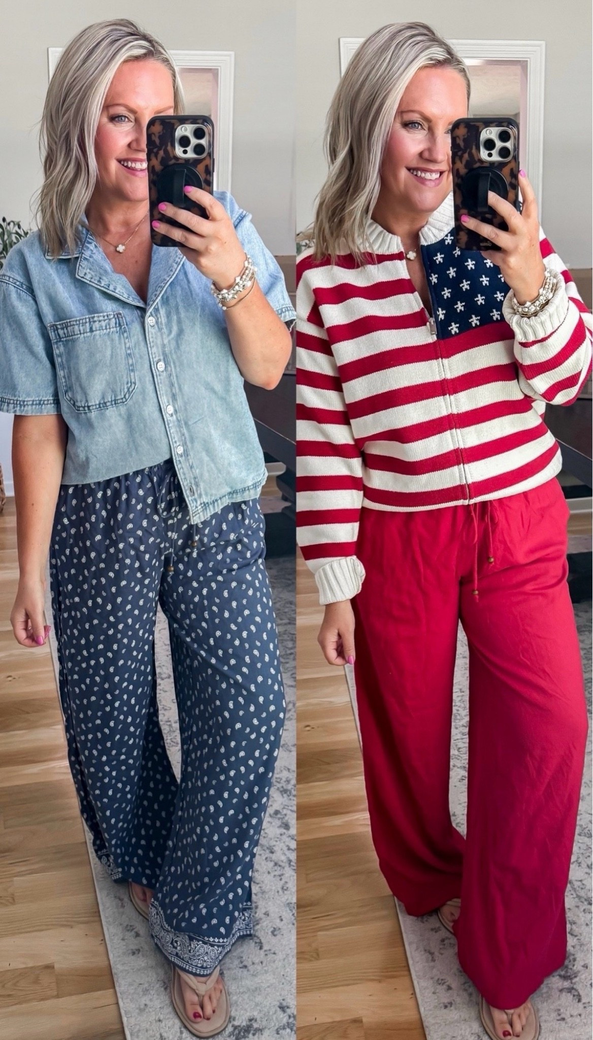 TRENDING! The printed wide leg pants paired with the chambray button up create such an effortless look. Lightweight, comfortable, and perfect for summer travel, casual weekends, or vacation days. The patriotic sweater and red pants combo is such a fun option for the Fourth of July, summer gatherings, and any red, white, and blue occasion.

wide leg pants, chambray shirt, patriotic outfit, Fourth of July outfit, red white and blue style, summer fashion, vacation outfit, casual outfit ideas, lightweight pants, American flag sweater, holiday outfit, summer wardrobe, lovelylifestyling

#LTKTravel #LTKOver40 #LTKootd