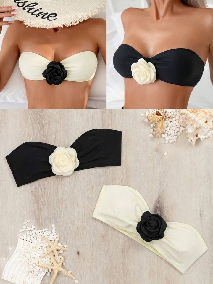 SHEIN Swim Summer Beach 2pcs/Set Swimsuit Top With 3d Flower Decoration | SHEIN