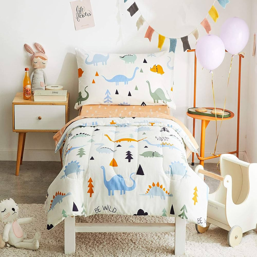 Joyreap 4 Piece Cotton Toddler Bedding Set for Kids Boys n Girls, Dinosaur Theme Cream White n Or... | Amazon (US)