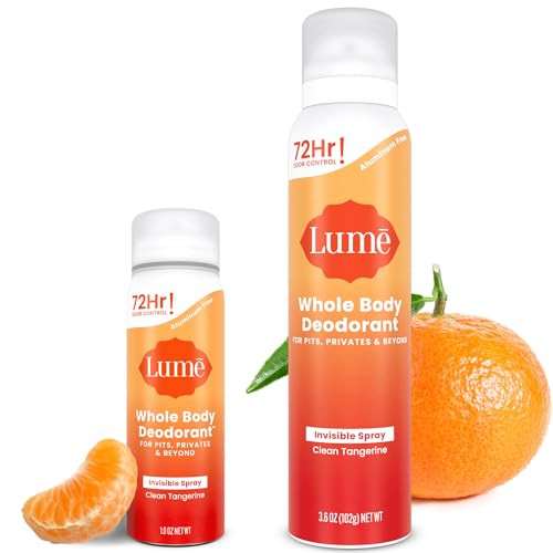 Lume Invisible Spray Deodorant For Women Two Pack - Full Size & Mini Whole Body Deodorant Spray - 72 Hr Odor Control - Aluminum & Baking Soda Free - 2 Piece Bundle - 3.6 oz & 1.0 oz (Clean Tangerine) | Amazon (US)