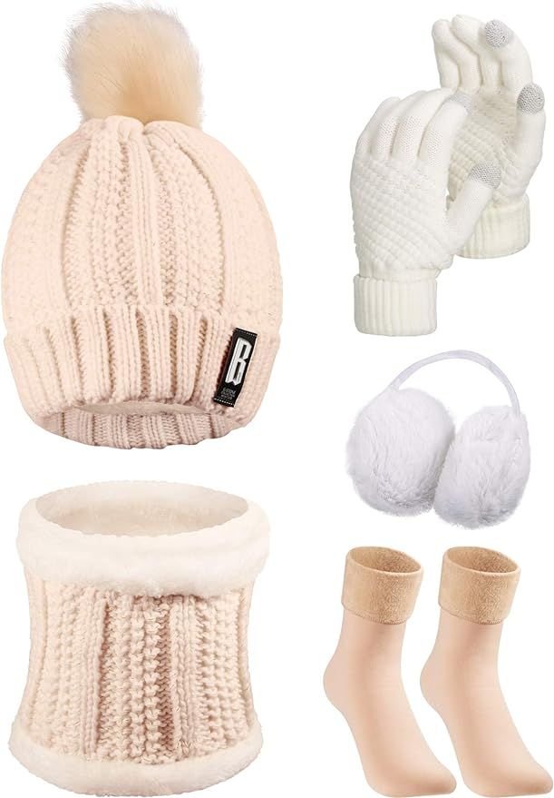5 Pieces Women Winter Ski Outing Set, Knit Hat Scarf Gloves Earmuffs Stockings | Amazon (US)