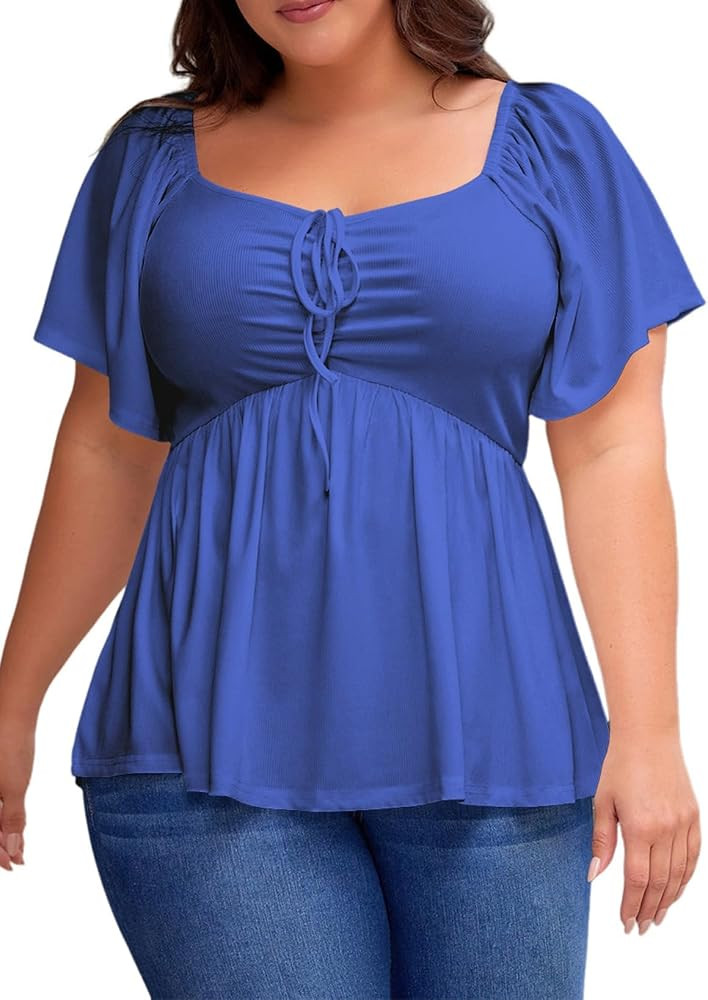 Eytino Womens Plus Size Tops Short Sleeve Sweetheart Neck Shirred Peplum Blouse Shirts(1X-5X) | Amazon (US)