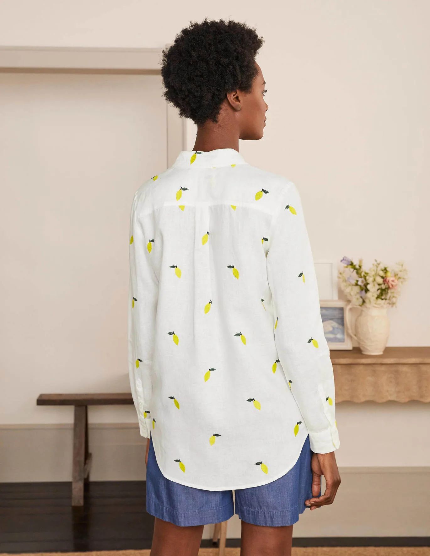 Embroidered Linen Shirt - White with Lemon Embroidery | Boden US | Boden (US)