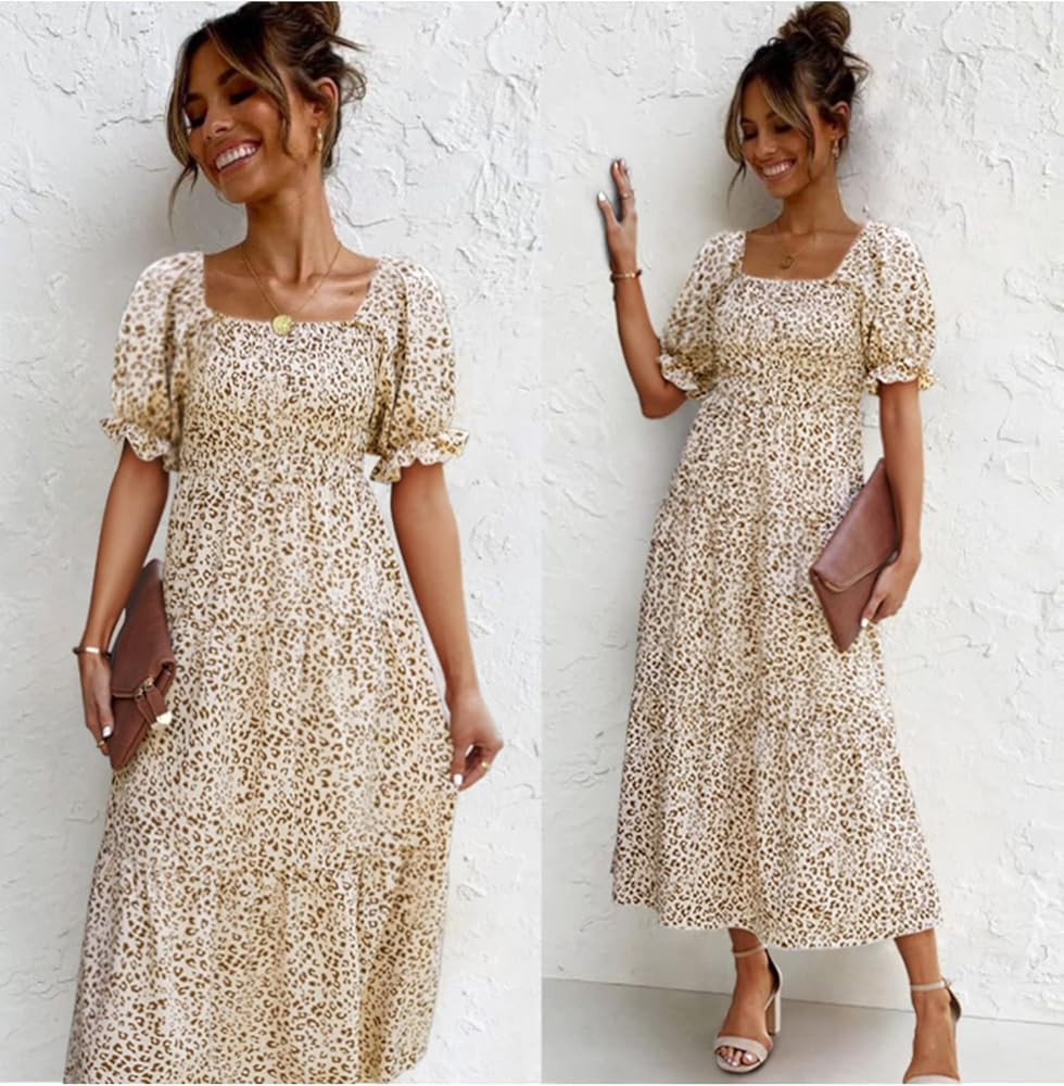 Angashion Women Square Neck Dress Solid Short Puff Sleeve Smocked Waist Knee Length Ruffle Summer Mi | Amazon (US)