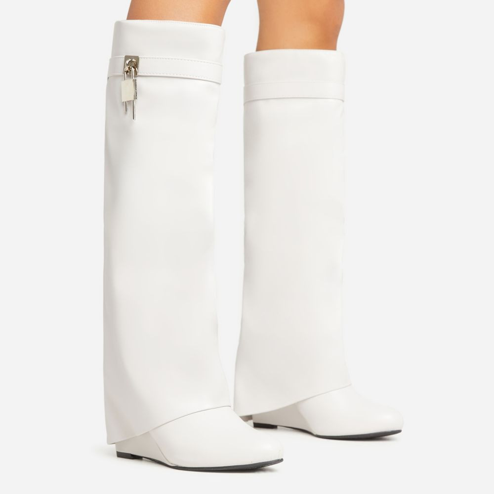 I-Am-The-One Padlock Detail Wedge Heel Knee High Long Boot In Grey Faux Leather | EGO Shoes (US & Canada)