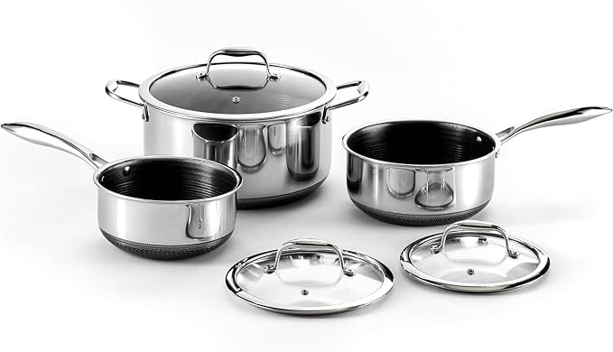 HexClad Hybrid Nonstick 6-Piece Pot Set, 2, 3, and 7.5 Litre Pots with Tempered Glass Lids, Stay-... | Amazon (UK)