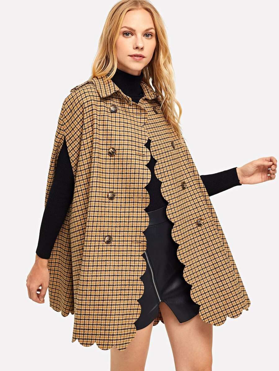Button Front Plaid Collar Poncho Coat | SHEIN