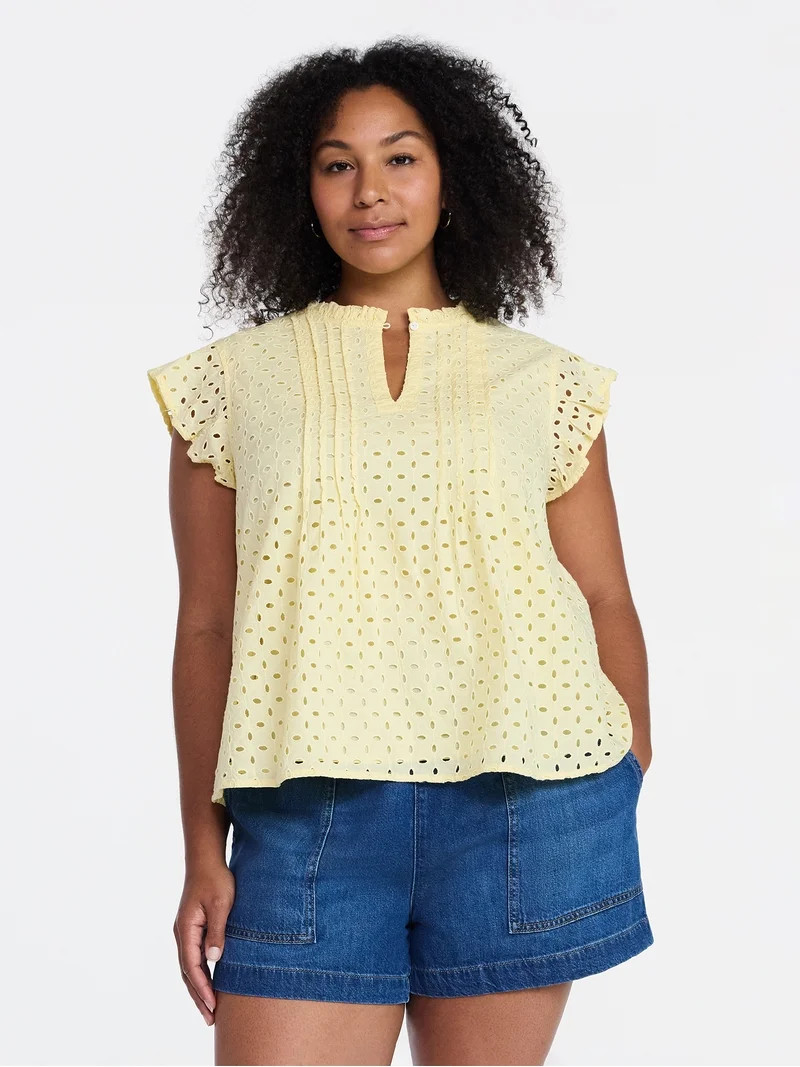Time and Tru Women's Cotton Eyelet Top with Short Flutter Sleeves, Sizes XS-XXXL | Walmart (US)