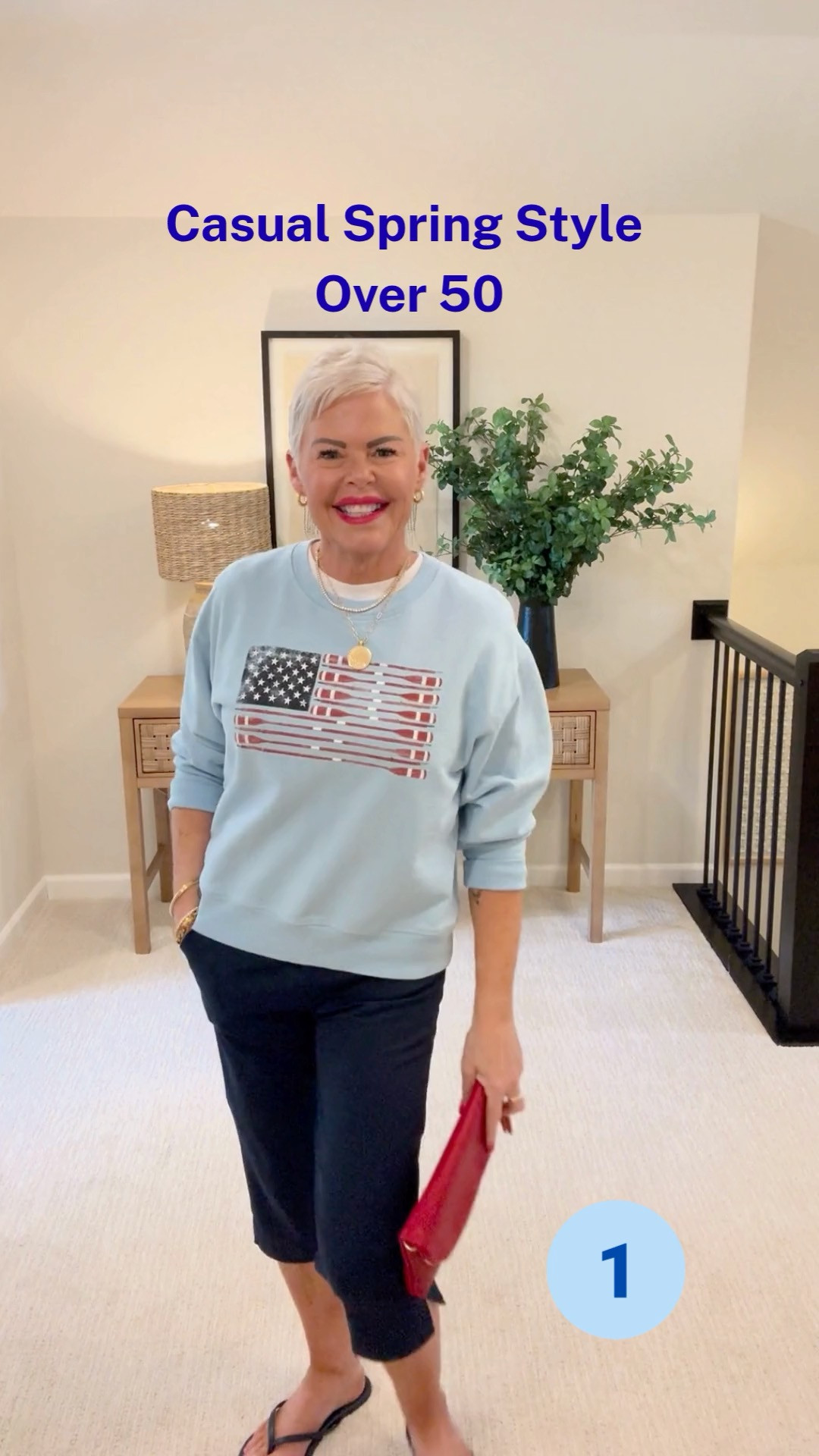 Casual spring style, over 50 style, over 50 fashion, Memorial Day sweatshirt, flag sweatshirt, capri pants, red, white, blue, Americana style. 

 #LTKootd #LTKmomlife #LTKOver40