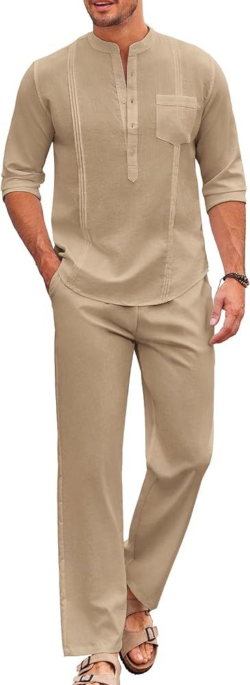 COOFANDY Men's 2 Piece Cotton Linen Sets Casual Long Sleeve Henley Shirts Yoga Pants Set Beach Cu... | Amazon (US)