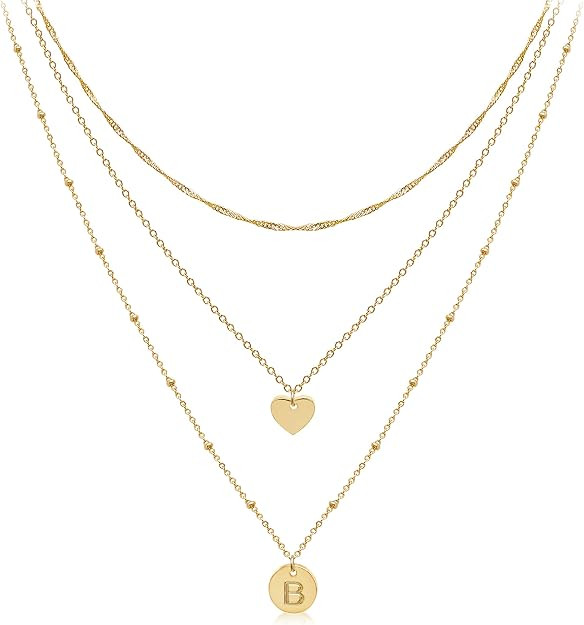 Layered Initial Choker Necklaces Handmade 14K Gold Plated Dainty Heart Personalized Letter Disc P... | Amazon (US)