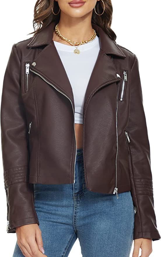Fahsyee Women's Leather Jackets, Faux Motorcycle Plus Size Moto Biker Coat Short Lightweight Vega... | Amazon (US)