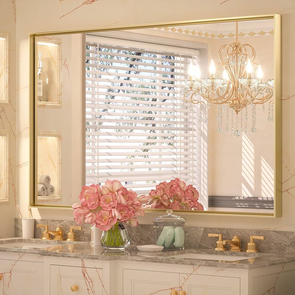 Keonjinn Gold Bathroom Mirror 40 x 30 Inch Brushed Brass Gold Metal Frame Mirror Rectangular Wall... | Amazon (US)