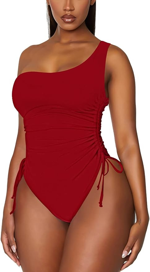 Viottiset Women's One Shoulder Ruched One Piece Swimsuit Tummy Control High Cut Cheeky Bathing Su... | Amazon (US)