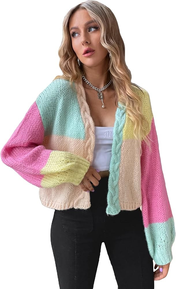 WDIRARA Women's Long Sleeve Button Front V Neck Casual Crop Cardigan Sweater | Amazon (US)