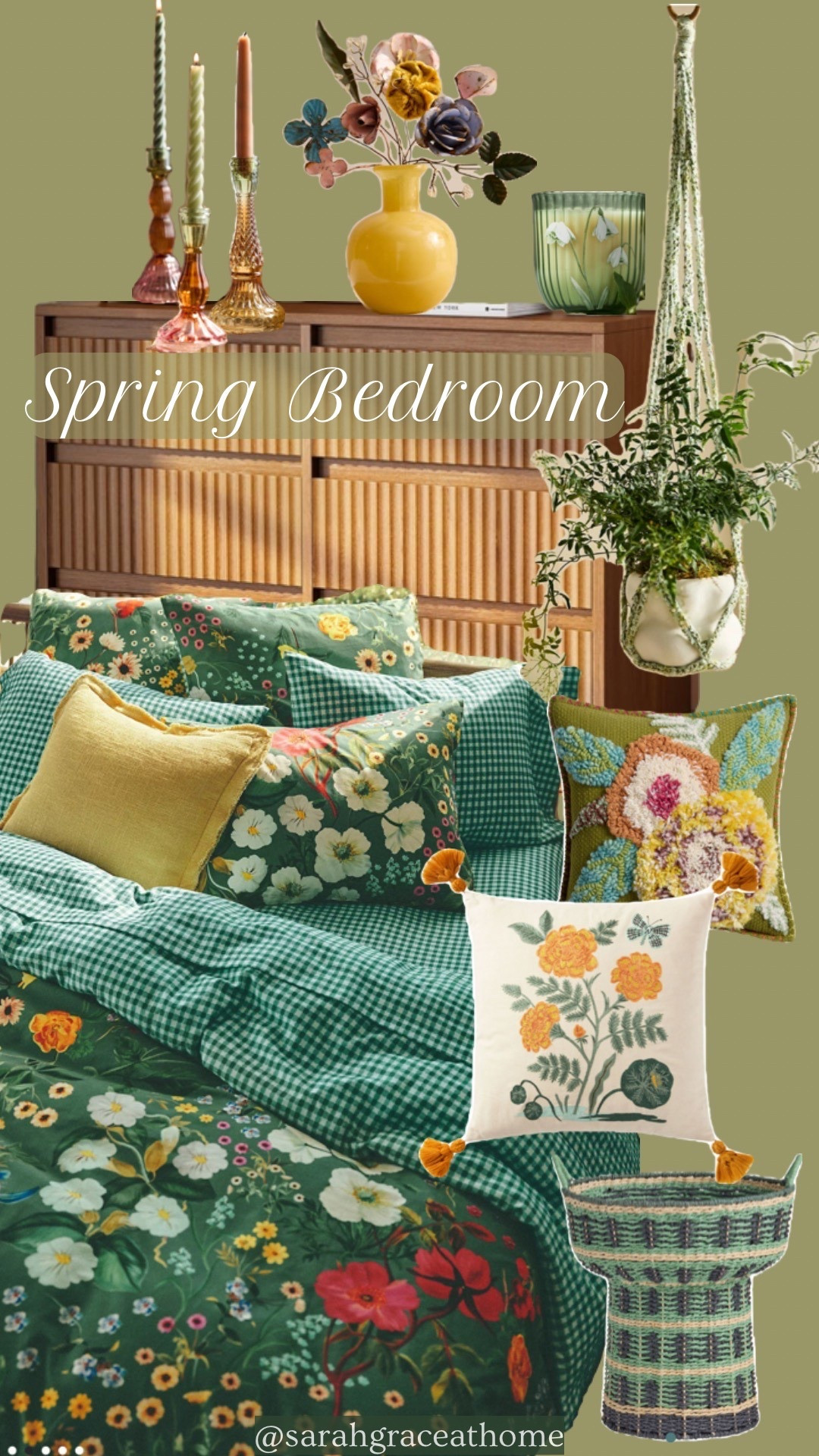 Create a cozy and inviting spring bedroom with a mix of floral bedding, botanical pillows, and vintage-inspired decor. This look features a blend of green gingham and floral duvet covers, embroidered and tufted throw pillows, a rattan wood dresser, and boho-chic accents like a macrame hanging planter and a woven storage basket. The space is styled with colorful glass candlesticks, a yellow ceramic vase with faux flowers, and a floral-etched candle, creating a cottagecore, garden-inspired aesthetic perfect for spring home decor lovers.

Anthropologie 
World Market
Amazon
Boho
Bohemian 
Spring 2025
Flowers 



#LTKSeasonal #LTKHome #LTKFindsUnder50
