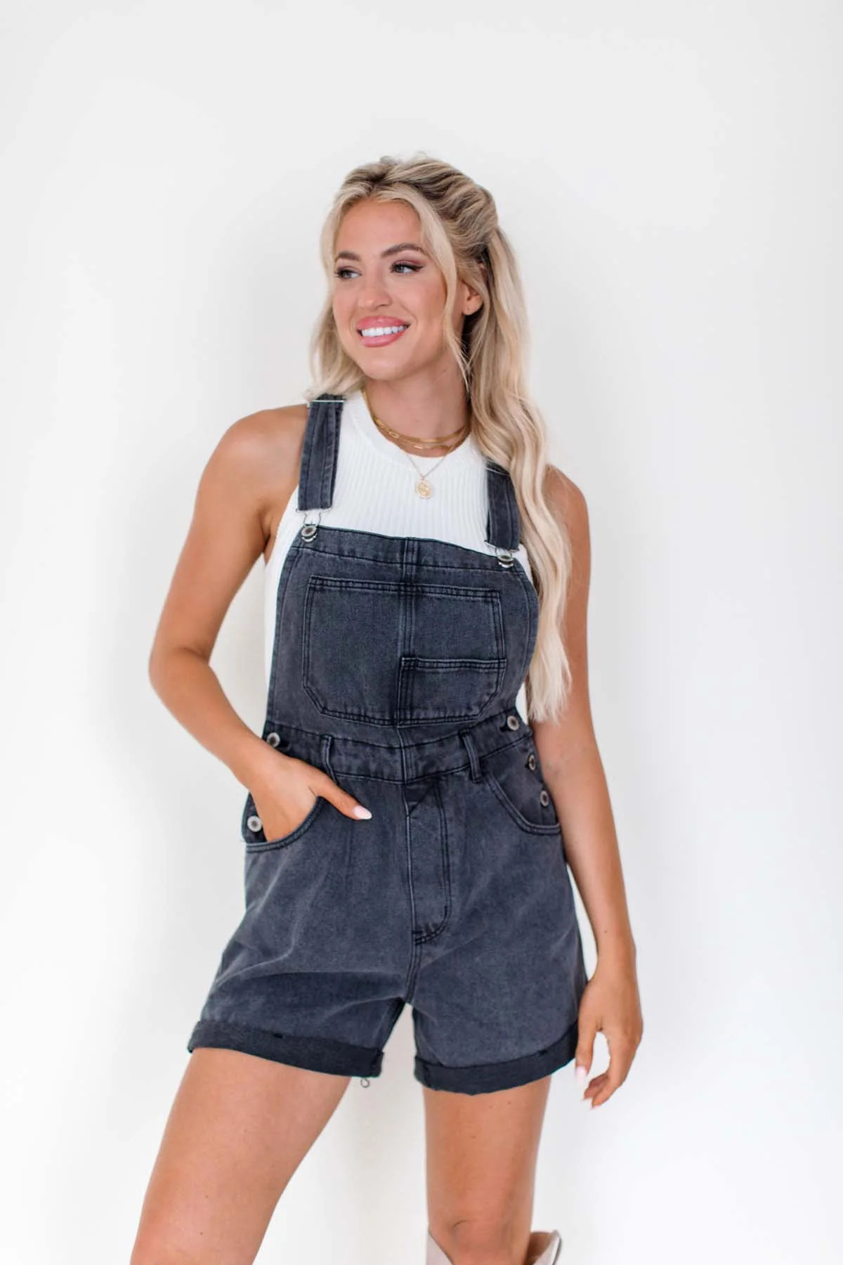 Victoria Black Denim Short Overalls | The Post