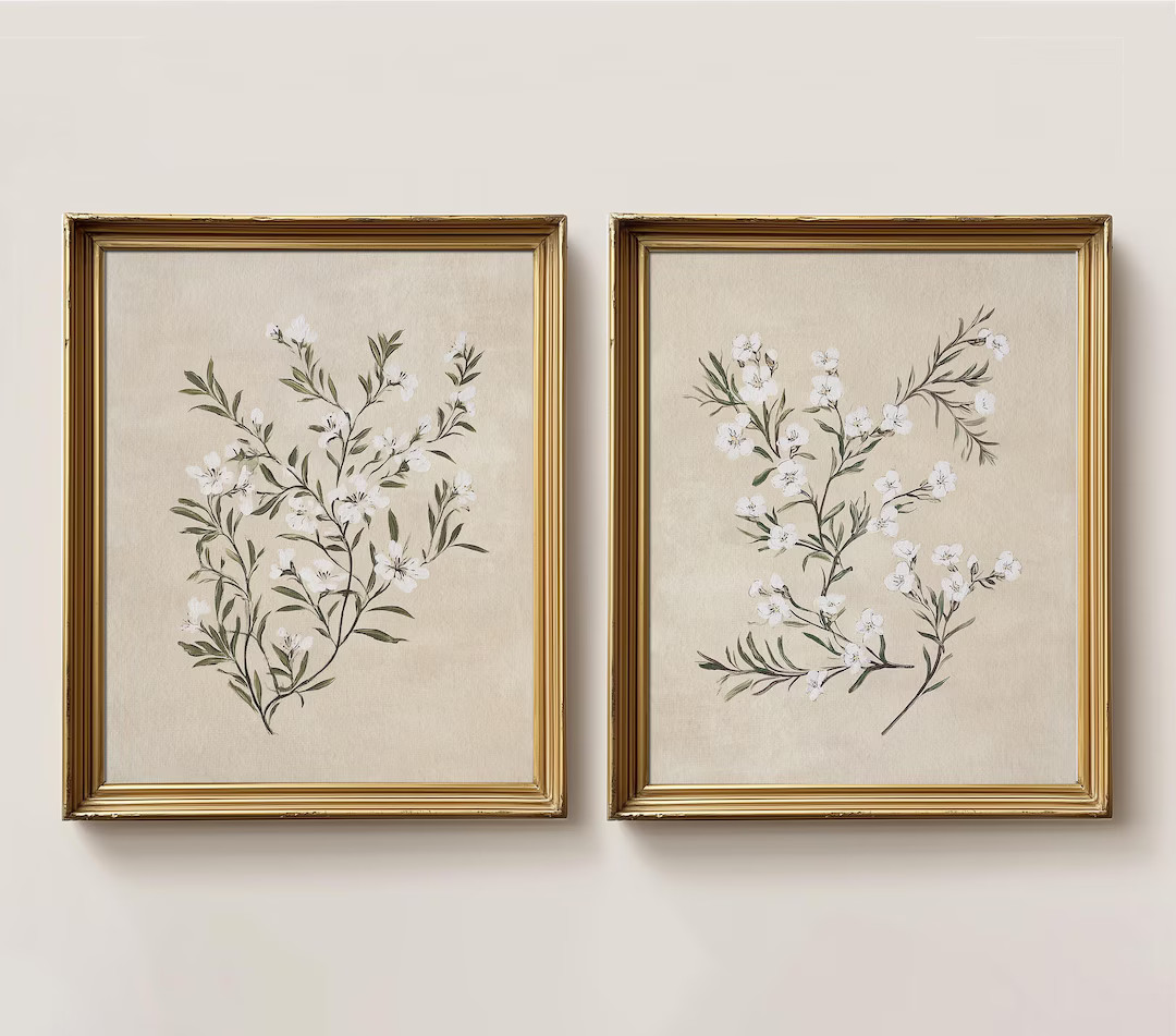 Botanical Art Set of 2 | White Floral Print | Neutral Floral Wall Art | Vintage Nursery Printable... | Etsy (Global)