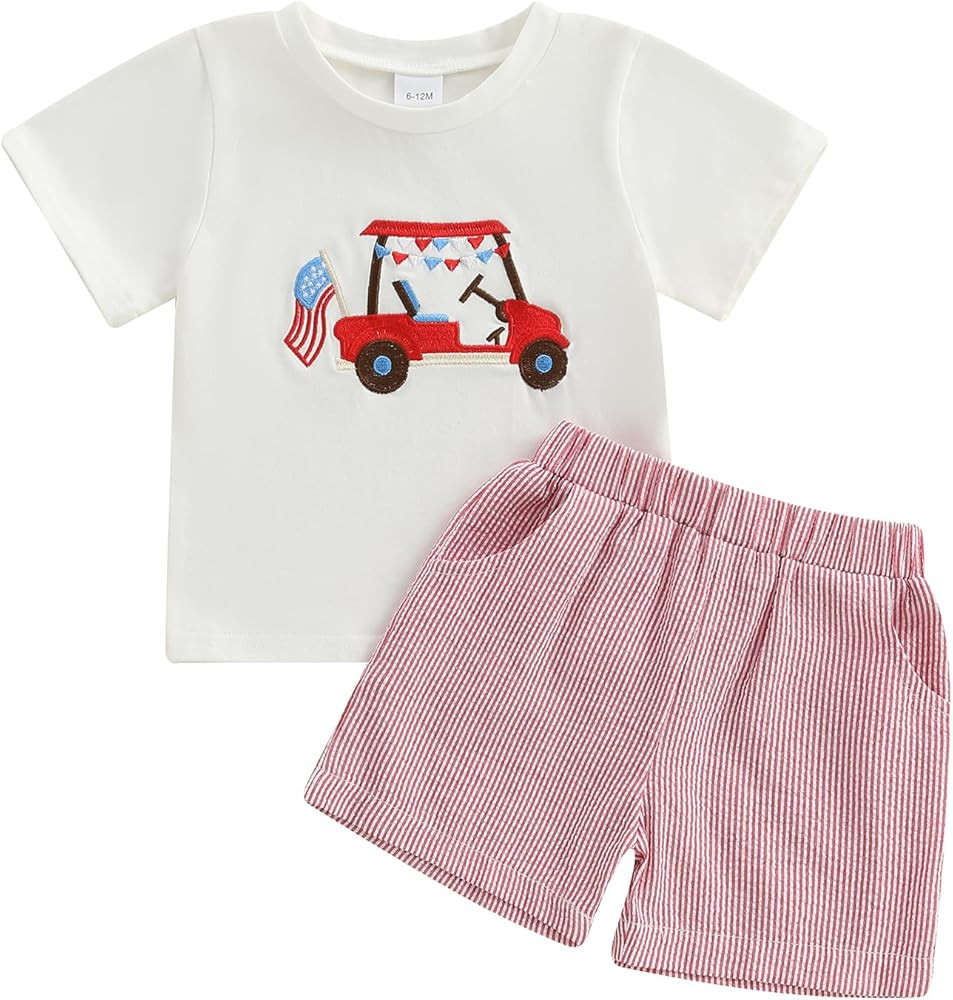 Baby Boy Easter Outfit Bunny Truck Embroidery Tops and Plaid Shorts Set Toddler Boy Spring Summer... | Amazon (US)