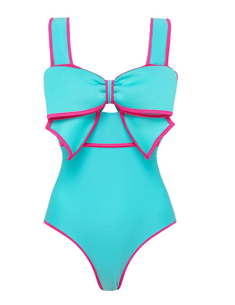 FLAXMAKER Bright Teal One Piece Swimsuit Women's Bow-tie Decor One Piece Bathing Suit | Amazon (US)