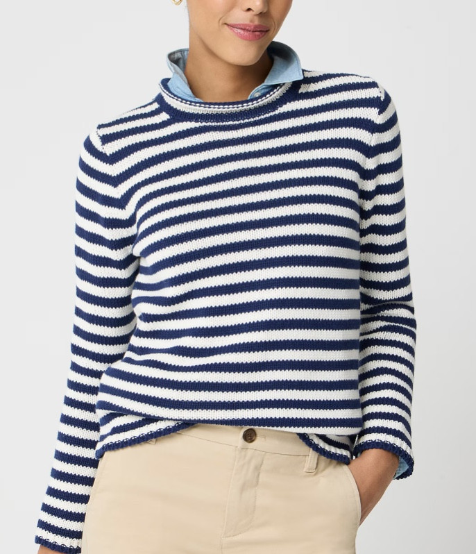 Navy blue and white striped rollneck sweater 
Spring transitional outfit 

#LTKSeasonal #LTKSaleAlert