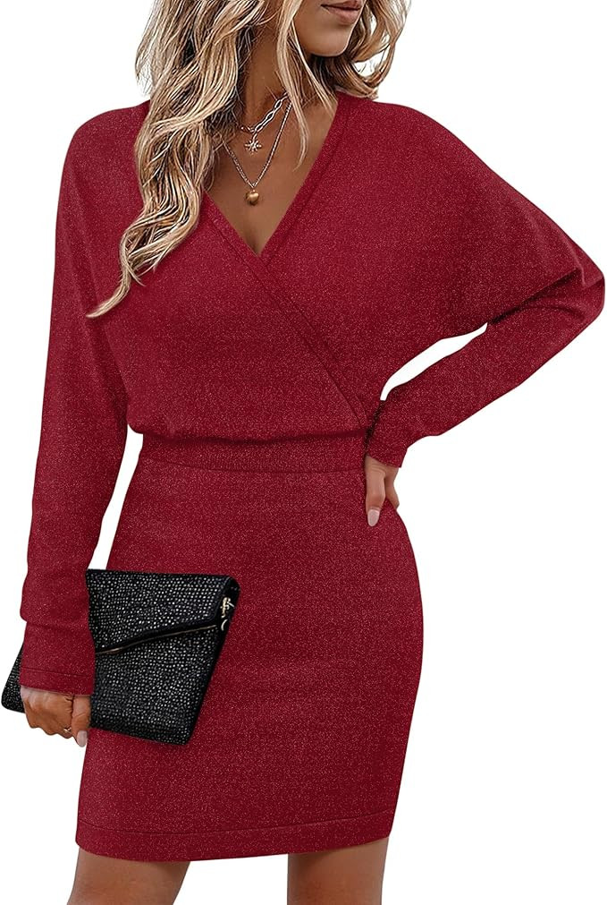 Bebonnie Womens Sexy V Neck Batwing Sleeve Sparkly Cocktail Party Sweater Dresses Holiday Bodycon... | Amazon (US)