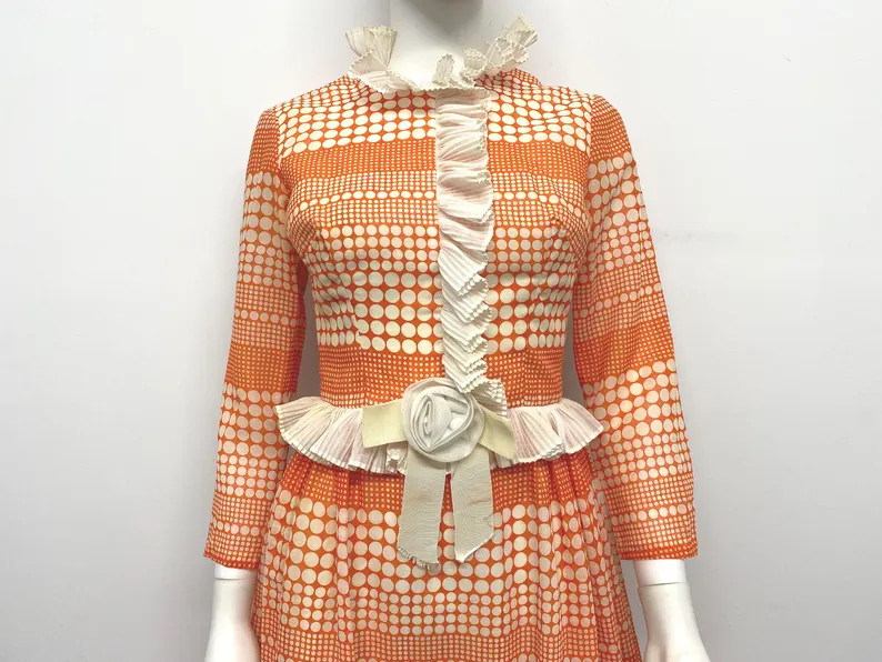 Vintage 70's Orange And White Polka Dot Pattern Dress With Ruffle Detail - By Miss Elliette - Siz... | Etsy (Global)
