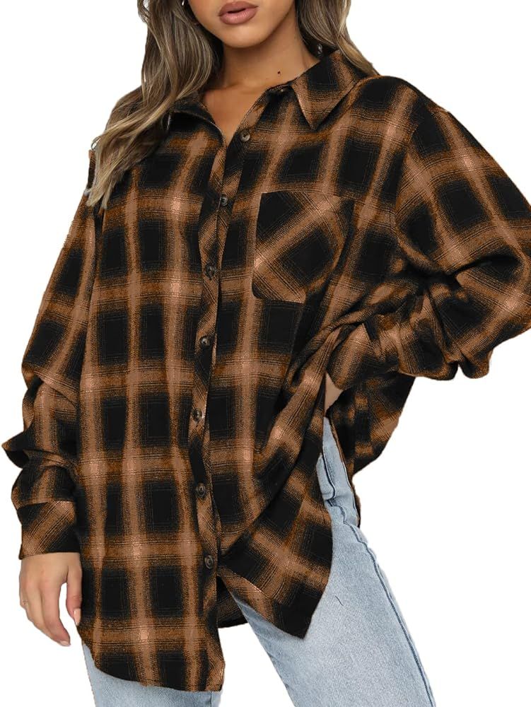 CHYRII Womens Button Down Flannel Shirts Long Sleeve Plaid Shackets Business Casual Blouse Top | Amazon (US)