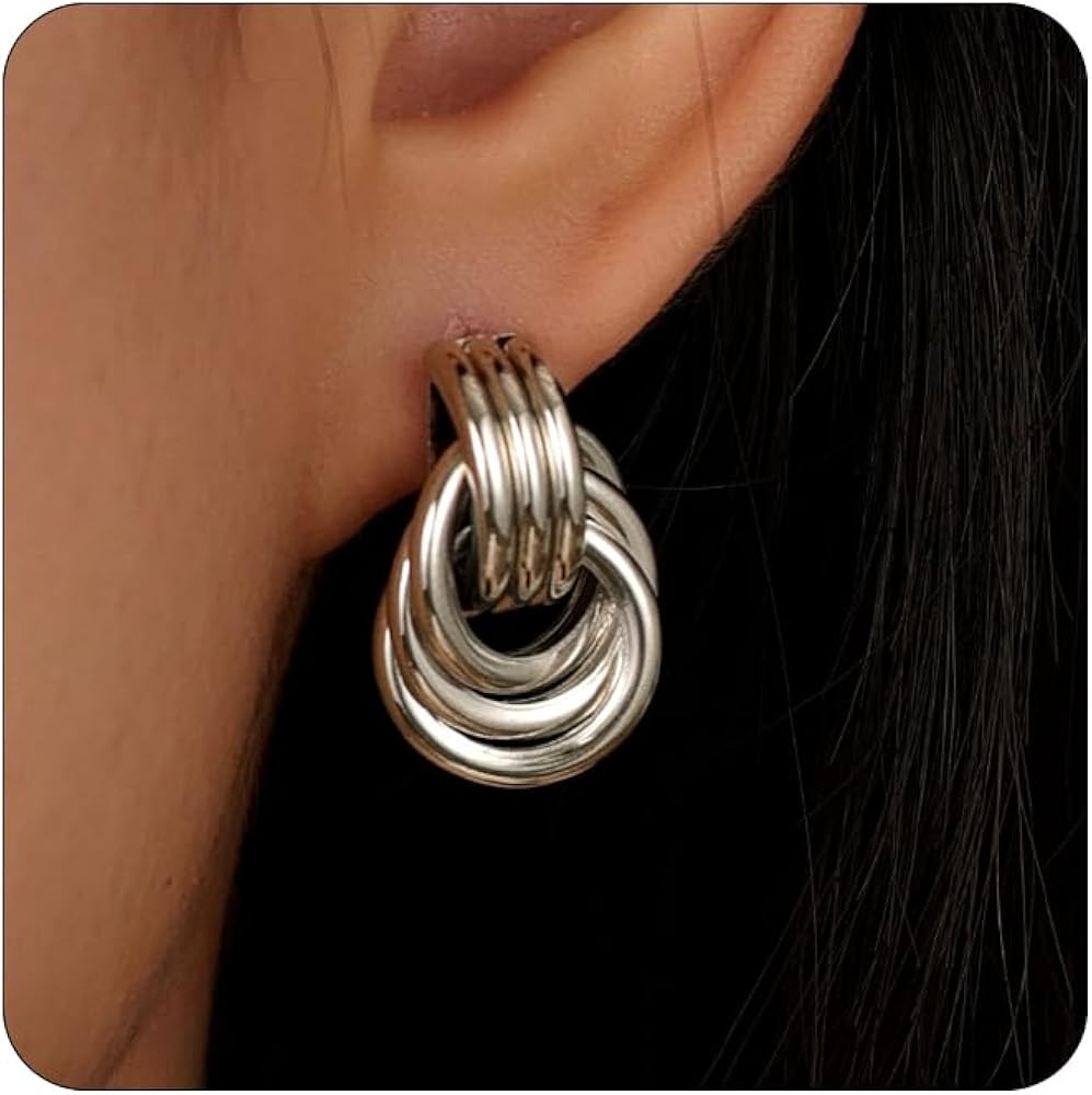 14K Gold Plated Chunky Gold Earrings for Women Knot Link Circle Geometric Drop Dangle Earrings St... | Amazon (US)