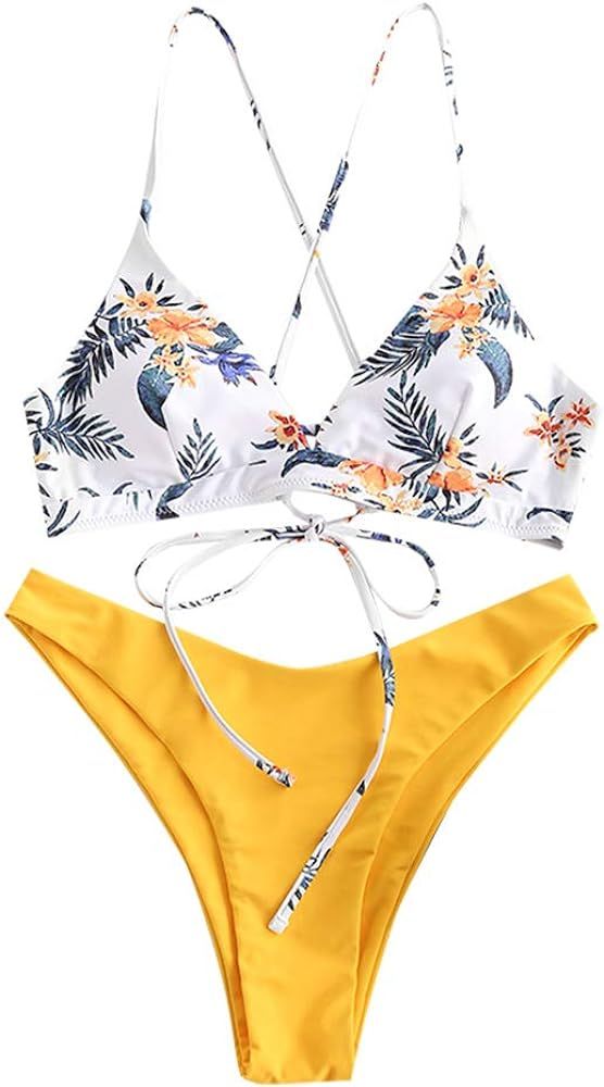 ZAFUL Women's Spaghetti Straps Sun and Moon Lace Up Two Pieces Bikini Set | Amazon (US)