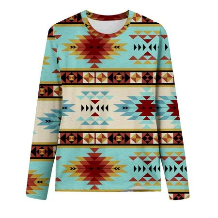 PIMOXV Crewneck Sweatshirts for Women Casual Vintage Western Aztec Print T-Shirts Summer Fashion Loo | Walmart (US)