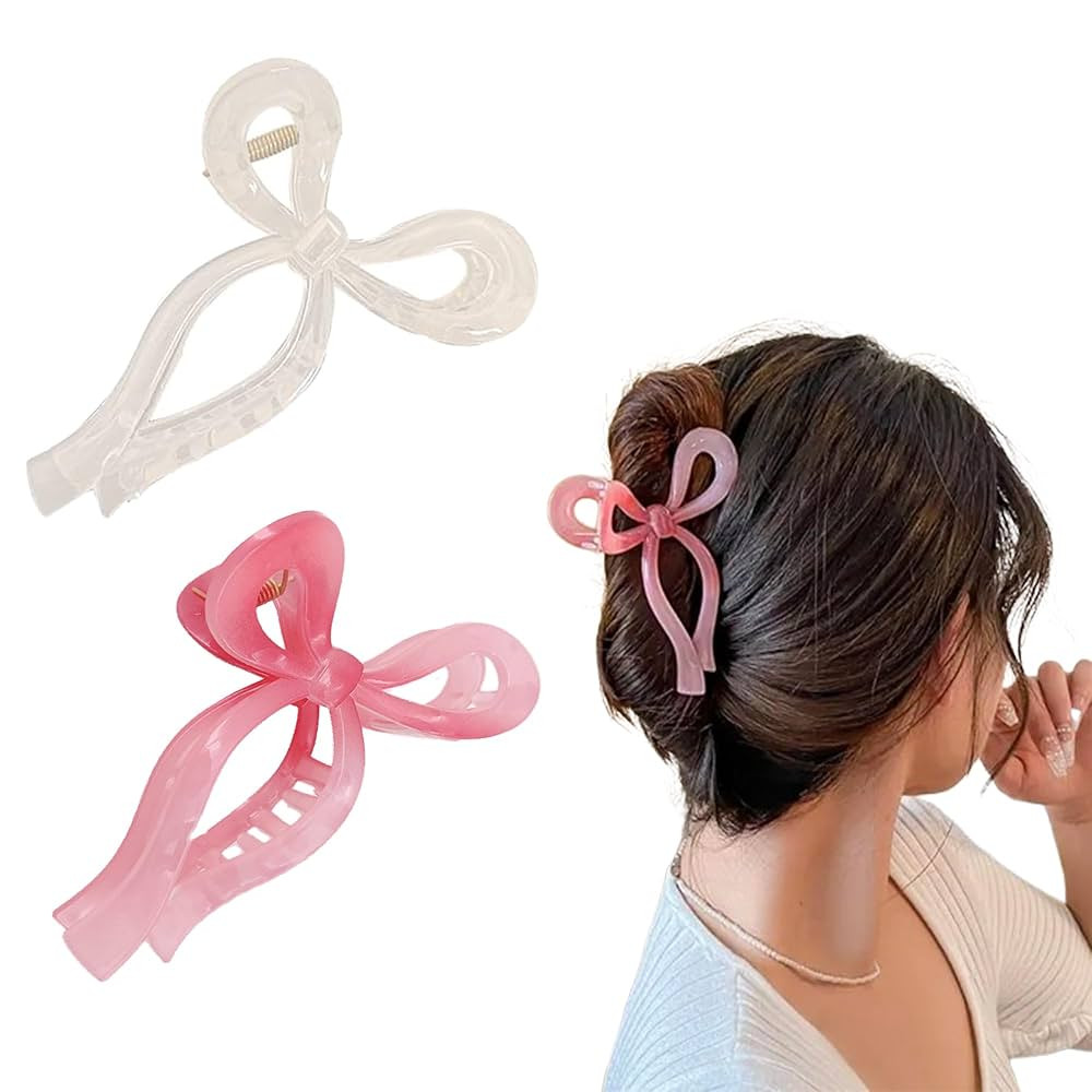 Ayesha Bows Claw Clips - 2 Colors Ribbon Coquette Clips for Thick Hair and Girls, Including Pink | Amazon (US)