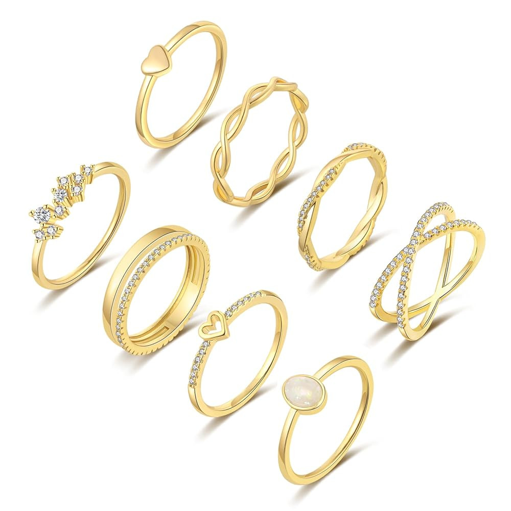 RLMOON 8PCS 14K Gold/Silver Plated Ring Set for Women Non Tarnish Dainty CZ Simulated Diamond Rin... | Amazon (US)