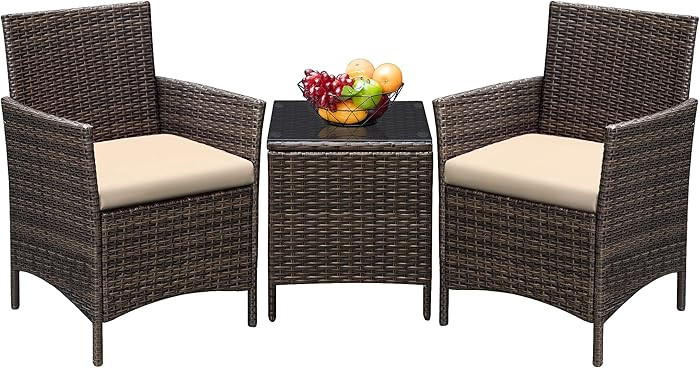 Greesum 3 Pieces Patio Furniture Sets Outdoor PE Rattan Wicker Chairs with Soft Cushion and Glass... | Amazon (US)