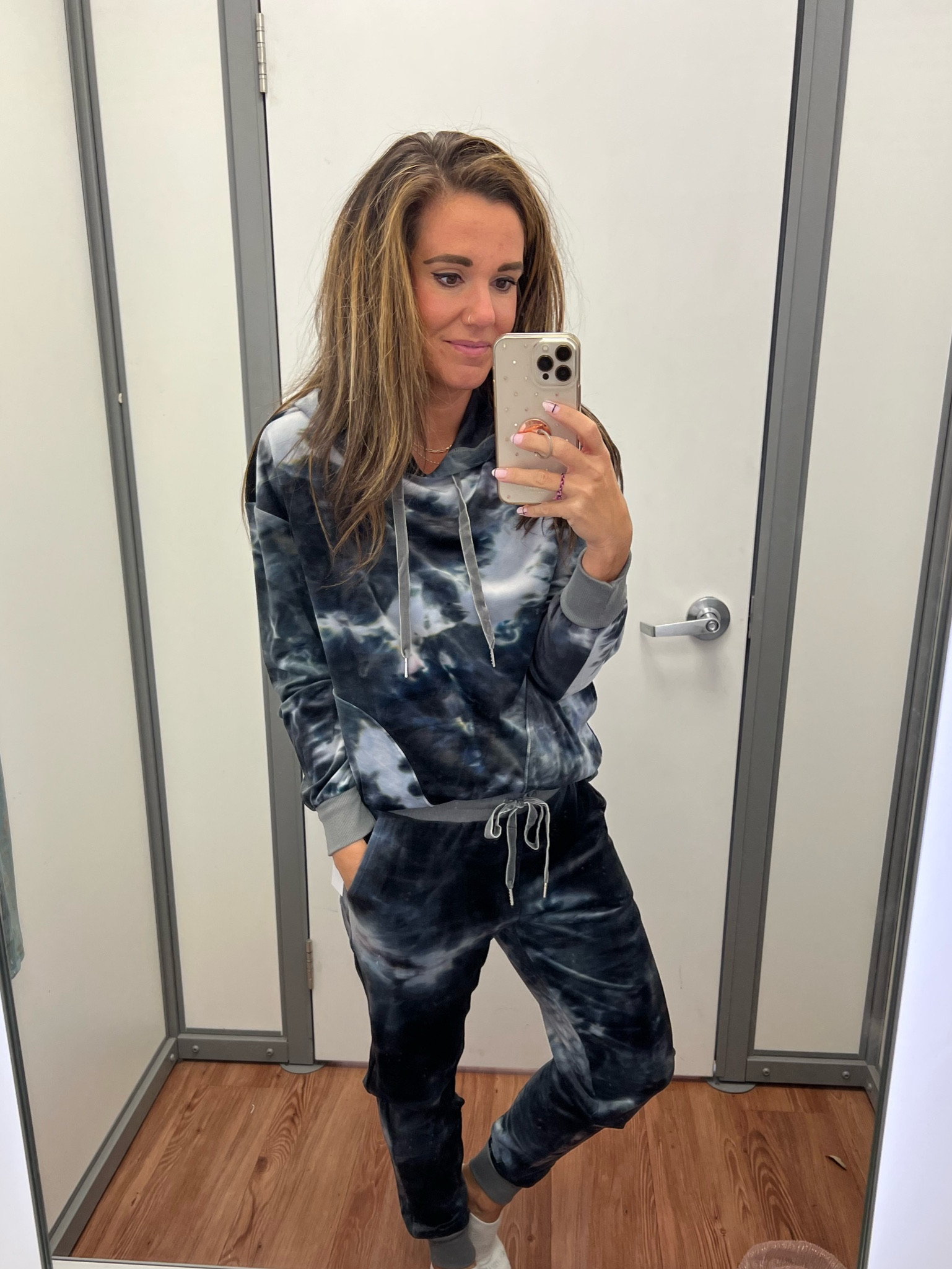 Wearing a small in top and bottoms 