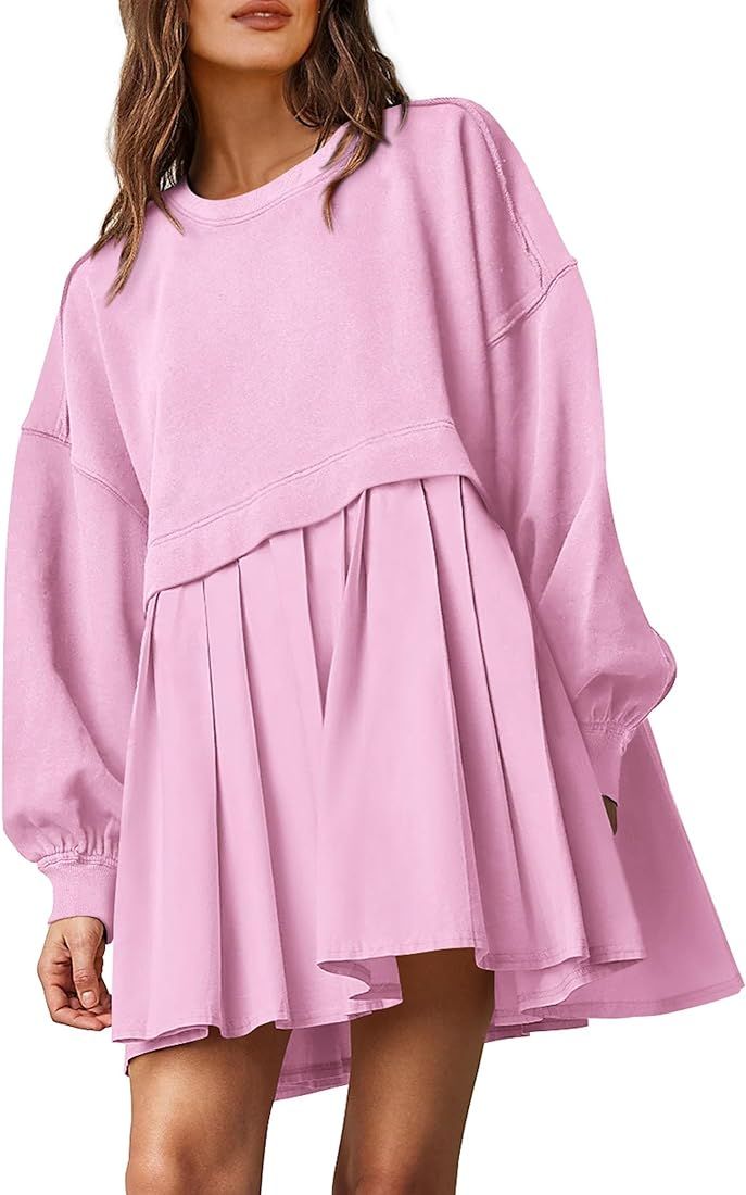 PRETTYGARDEN Women's Casual Sweatshirt Dress Long Sleeve Patchwork Pullover Tops Pleated Mini Dre... | Amazon (US)