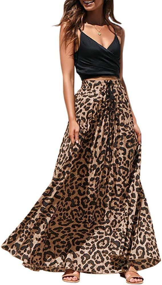 Imysty Womens Leopard Print Long Skirts Drawstring High Waisted Bohemian Maxi Skirt | Amazon (US)