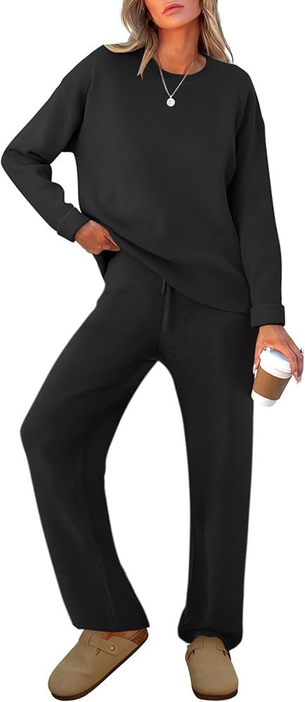 Caracilia Women's 2 Piece Outfits Sweater Sets Striped Oversized Sweaters Knit Wide Leg Pant Loun... | Amazon (US)