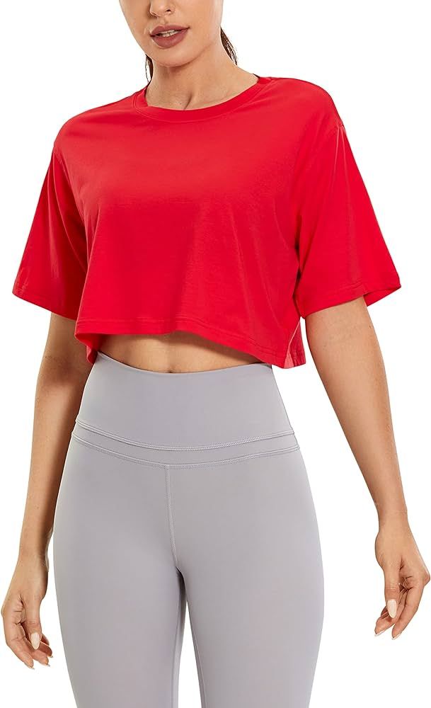 CRZ YOGA Women's Pima Cotton Workout Crop Tops Short Sleeve Yoga Shirts Casual Athletic Running T... | Amazon (US)
