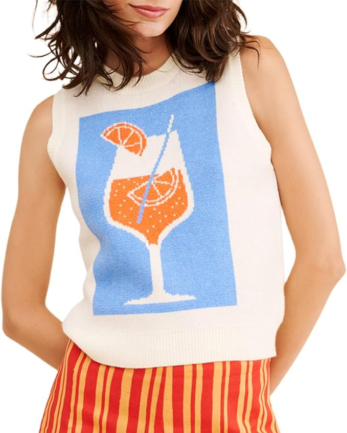 Women Y2k Graphic Sweater Vest Contrast Color Sleeveless Lobster Sweater Top Cute Crew Neck Knitt... | Amazon (US)