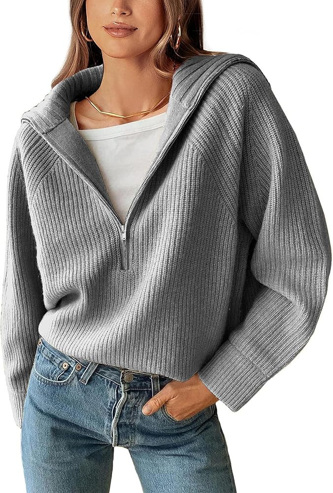 BTFBM Women’s Casual Long Sleeve Half Zip Pullover Sweaters Solid V Neck Collar Ribbed Knitted ... | Amazon (US)